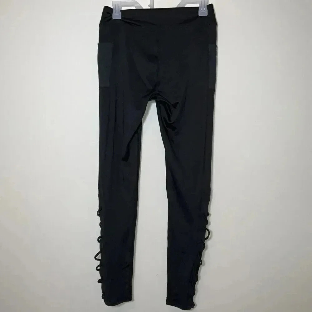 Moisture Wicking Leggings Small Pockets Cutout Black Lattice Design Athletic